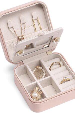 Vlando Mothers Day Gifts - Small Travel Jewelry Box Organizer -Jewelry Display Case for Girls Women Bridesmaid Gift Rings Earrings Necklaces Storage with Mirror Pink