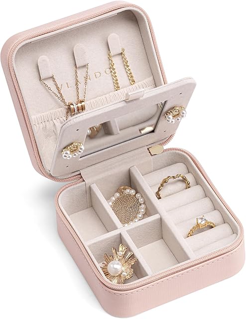 Vlando Mothers Day Gifts - Small Travel Jewelry Box Organizer -Jewelry Display Case for Girls Women Bridesmaid Gift Rings Earrings Necklaces Storage with Mirror Pink