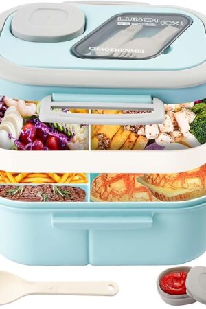 Adults Bento Lunch Box,Salad Container Large 43oz Salad Bowl, Bento-Style Tray for Toppings, 3oz Sauce Container for Dressings, and Built-In Reusable Fork (Blue)