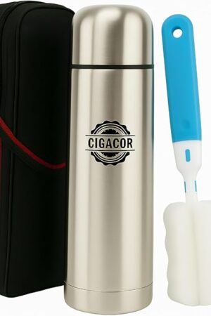 CIGACOR Stainless Steel Insulated Bottle – 17oz Coffee Travel Mug – Keeps Drinks Hot for 12 Hours & Cold for 24 – Leakproof Lid – Fits Car Cup Holders – Ideal for Office, Gym & Travel