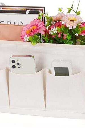Bedside Caddy Bedside Organizer Bedside Storage Caddy with Fixed Straps and Water Bottle Holder for Home College Dorm Bunk Bed Hospital Bed Crib Bed Rails (White)