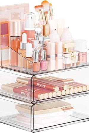Yieach Clear Acrylic Makeup Organizer Countertop With Drawer,3 Tier Large Skincare Organizer for Vanity,Plastic Bathroom Cosmetic Storage Organizer for Lipstick,Makeup Brush,Palette,Beauty Products
