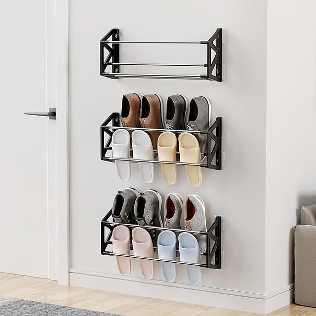 Hanging Shoe Rack for RV, 3 Pack Wall Shoe Rack with Sticky Adhesive Strips Slim Shoe Rack Shoe Holder Holds 12 Pairs of Shoes Space Saving Wall Mounted Shoe Shelf for Camper Black
