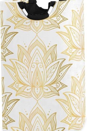 visesunny Collapsible Laundry Basket Gold Lotus Flower Large Laundry Hamper Oxford Fabric Dirty Clothes Toy Organizer with Handle for Bathroom Kids Room Dorm