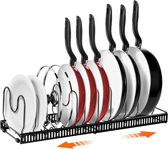 AHNR Pot and Pan Organizers Rack 10 Adjustable Compartments Black