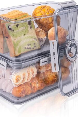 Dynta Bread Box 2 Pack Bread Storage Container Airtight Recording Time Bread Box for Kitchen Countertop Plastic Bread Keeper with Lid for Homemade Bread, Toast, Loaf, Cookies