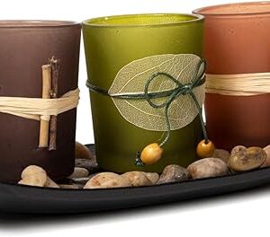 Dawhud Direct Decorative Votive Candle Holders, Vintage Decor Flameless Candlescape Set, 3 LED Tea Light Candles, Rocks and Tray - Fall Table Decor (Earth Tones)