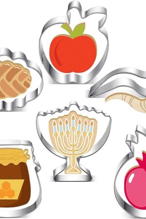 6 Pcs Jewish Cookie Cutters Assorted Shapes for Rosh Hashanah Round Challahs Candlesticks Apple Honey Jar Pomegranate Shofar for Judaica Gifts, Jewish New Year Accessories Tools for Cooking
