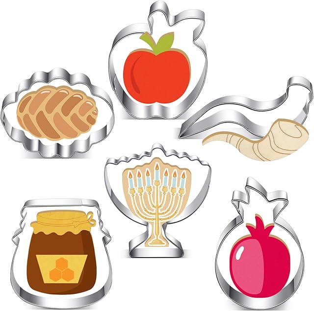 6 Pcs Jewish Cookie Cutters Assorted Shapes for Rosh Hashanah Round Challahs Candlesticks Apple Honey Jar Pomegranate Shofar for Judaica Gifts, Jewish New Year Accessories Tools for Cooking