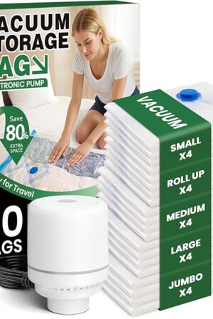 Vacuum Storage Bags,20Pack Vacuum Seal Bags with Electric Air Pump,Vacuumm Seal Bag for Clothing,Travel,Clothes,Comforters,Blankets,Pillows-4 Jumbo+4 Large+4 Medium+4 Small+4 Roll Up Space Saving Bag