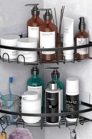 Corner Shower Caddy, 2 Pack Adhesive Bathroom Shower Corner Organizer Shelf, No Drilling Rustproof Wall Mounted Shower Storage Rack Shampoo Holder Organizer (Black)