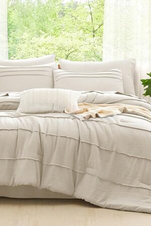 CozyLux Queen Comforter Set Beige, 7 Pieces Soft Prewashed Pinch Pleat Bed in a Bag Queen Comforter Set with Sheets, Boho Bed Set with Down Alternative Comforter, Sheets, Pillowcases & Shams