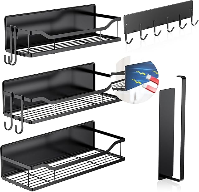 5 Pack Multifunctional Magnetic Shelves for Refrigerator Spice Rack & Washing Machine Organize, Include Paper Towel Holder, Kitchen Utensil Hanger and Hooks, Strong Magnet for Secure Hold