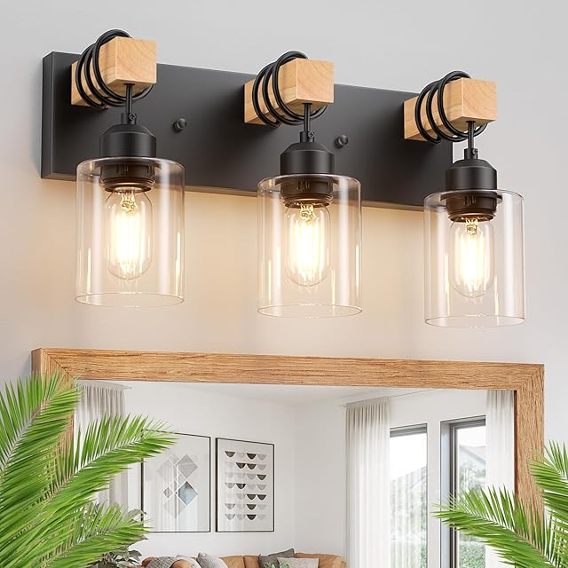 Licperron Farmhouse 3-Lights Wood Bathroom Vanity Light, Rustic Black Bathroom Light Fixtures Over Mirror, Vintage Vanity Wall Sconce Light with Clear Glass Shades for Living Room, Bedroom, Hallway