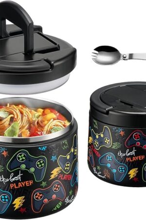 14oz Insulated Vacuum Food Jar with Buckle Lid,Soup Thermo for Hot Food Kids,Wide Mouth Leakproof Stainless Steel Lunch Container with Spoon-Black Game