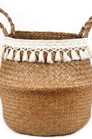 Boho Woven Seagrass Belly Basket for Storage Plant Basket or Toy Basket Living Bathroom (Medium, Beige)