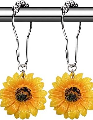 CHICTIE Flowers Shower Curtain Hooks Rings, 12 Pcs Decorative Rustproof Shower Rings for Bathroom Set (Yellow Sunflower)