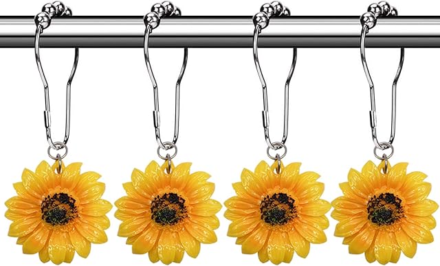 CHICTIE Flowers Shower Curtain Hooks Rings, 12 Pcs Decorative Rustproof Shower Rings for Bathroom Set (Yellow Sunflower)