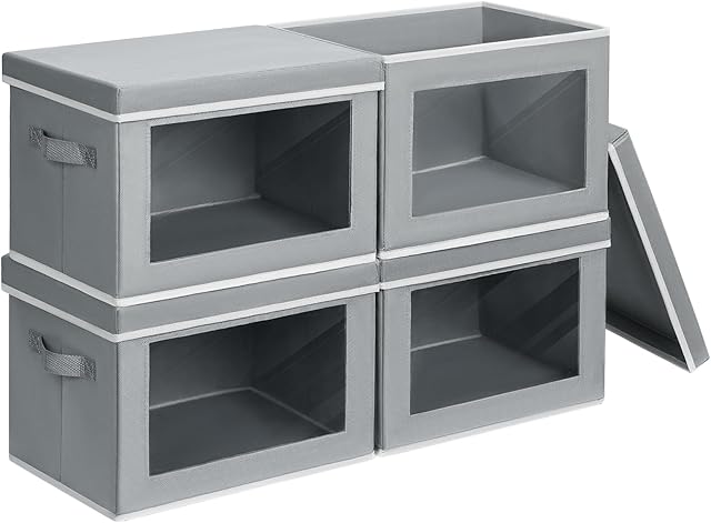 Storage Bins with Lids - Fabric Closet Storage Bins with Window, Collapsible Baskets for Shelves 4 Pack, Home Decorative Boxes for Clothes, Closet, Office, Grey