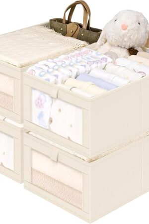 Criusia Linen Closet Organizers and Storage, 4 Pack Linen Closet Baskets with Mesh Window for Organization, Foldable Closet Organizer for Clothing, Towels, Toys, Nursery, Books, Shelves, Beige
