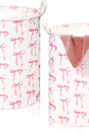 2 Pcs Coquette Bow Laundry Basket Coquette Storage Basket for Girls Nursery Hamper with Handles Foldable Waterproof Collapsible Storage Bin Organizer for College Dorms Bathroom (Bow)