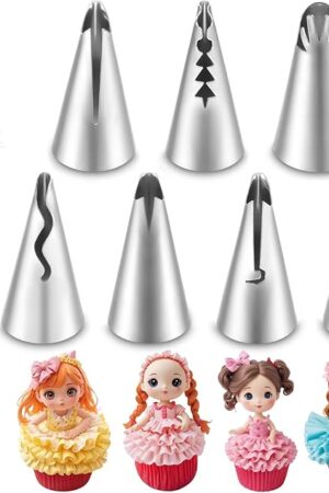 7PCS Pleated Skirt Piping Tips Set, Stainless Steel Cake Decorating Tips Nozzle Piping Set Frosting Icing Tips with Cleaning Brush for Pastry Fondant Cupcakes Cake Decorating