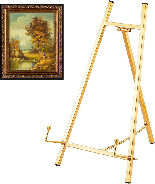 Leinuosen 1 Pcs Metal Easel Stand 16.5" H x 8.7" W x 4.3" D Table Top Easel Stand for Display Tripod Art Picture Mirror Modern Plate Holder for Display Book Photo Wedding Sign (Gold)