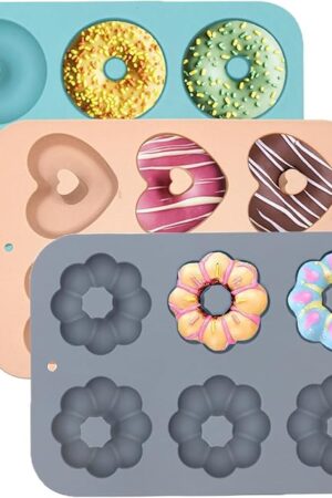 3 Pack Silicone Donut Pan for Baking, Non-Stick Doughnut Pan, 6 Cavity Heritage Bundtlette Cake Silicone Mold for Baking (Blue+Gray+Pink)