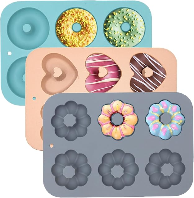 3 Pack Silicone Donut Pan for Baking, Non-Stick Doughnut Pan, 6 Cavity Heritage Bundtlette Cake Silicone Mold for Baking (Blue+Gray+Pink)