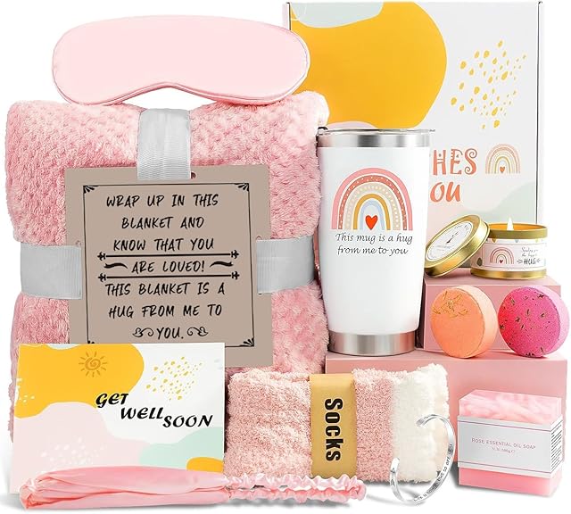 Get Well Soon Care Package, 12 Pcs Gift Basket for Sick Friends After Surgery, Feel Better Self Care Gift Box for Her with Pink Blanket