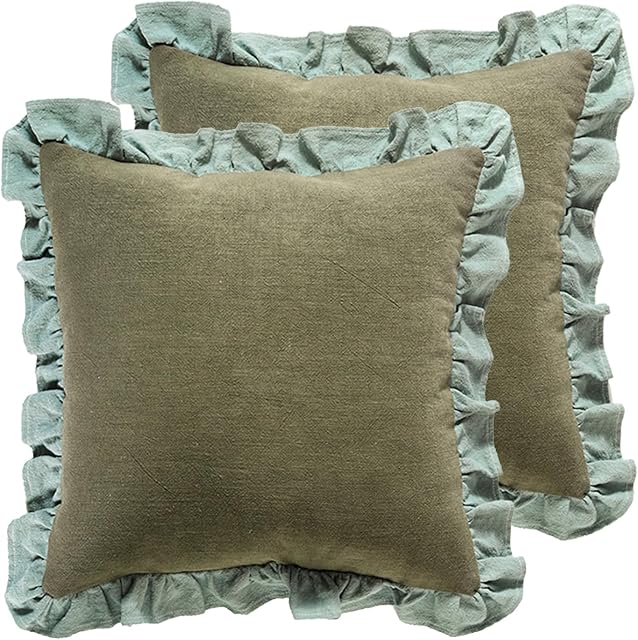 patdrea Green Shabby Chic Decorative Throw Pillow Covers 18x18 Set of 2,Farmhouse Linen Pillow Covers with Ruffles,Square Sturdy Throw Pillow Case for Couch Sofa Bed Living Room