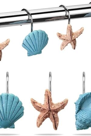 AGPtek® Seashell Shower Curtain Hooks, 12PCS Anti Rust Decorative Resin Hooks for Bathroom, Baby Room, Bedroom, Living Room Decor (Blue Seashell)