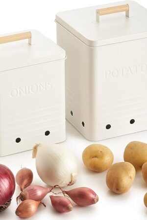 Beautiful Potato and Onion Storage Container Set - Perfectly Sized Spacious Canisters For Your Kitchen Counter Or Pantry - Quality Food Safe Metal Bins Keep Your Produce/Vegetables Fresh Longer