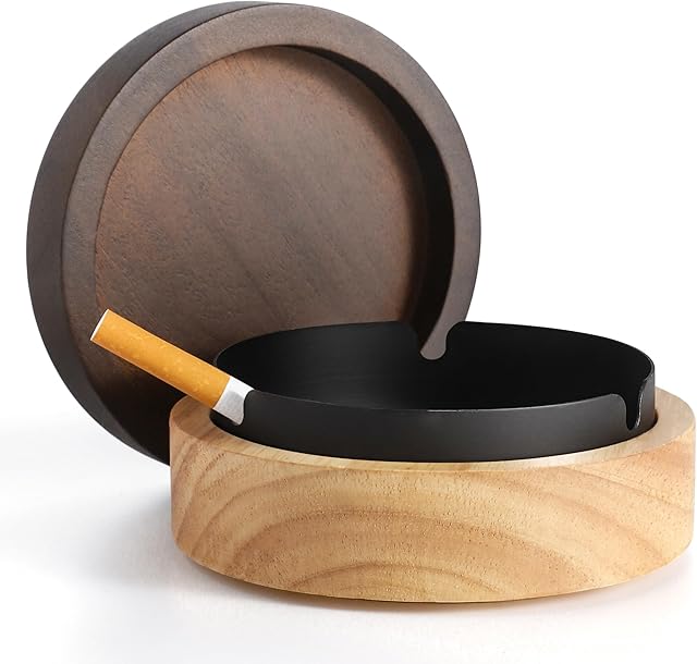 Cute Ashtrays for Cigarettes Ash Tray with Lid DDAJJAJ Wooden Ashtray with Stainless Steel Portable Decorative Ashtray Windproof Ashtray for Home,Patio,Office,Outdoors,Indoor,Parties