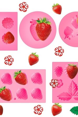 5 Pcs Strawberry Baking Mold Silicone Handmade Candy Jelly Bakeware 3D Flower Strawberry Embed Silicone Fruit Shape Pastry Mold for Soap wax Chocolate Fondant Ice Cream Cupcake Cake Decor