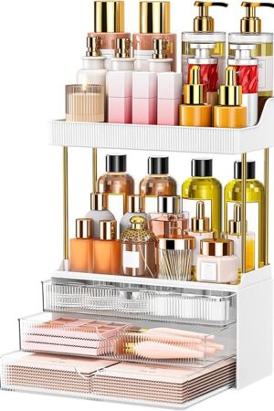 Bathroom Organizers and Storage - 3 Drawers 2 Tier Makeup Organizer, Cosmetic Storage Drawer for Dresser Countertop and Bathroom Vanity for Large Skincare, Perfume, Clear