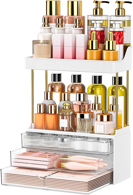 Bathroom Organizers and Storage - 3 Drawers 2 Tier Makeup Organizer, Cosmetic Storage Drawer for Dresser Countertop and Bathroom Vanity for Large Skincare, Perfume, Clear