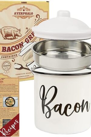 Bacon Grease Container with Strainer - With Food-Grade Silicone Spatula , 46oz Large Enamel Rustic Farmhouse Fat Container , Keeper , Recipes , Dishwasher Safe