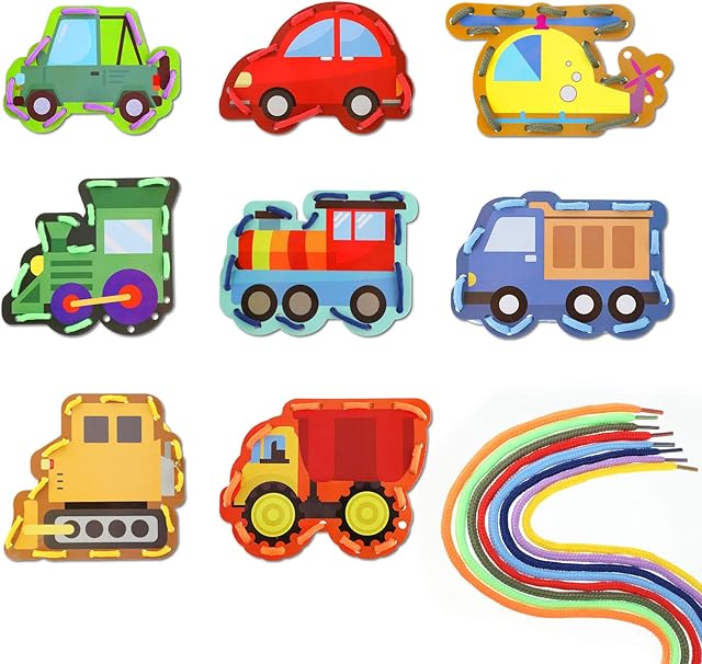 The Zonon 8 Pieces Kids Lacing Cards Sewing Cards in 8 Patterns Lacing Games for Developing Imagination Education Supplies Children Sewing Game Favors (Transportation Style)