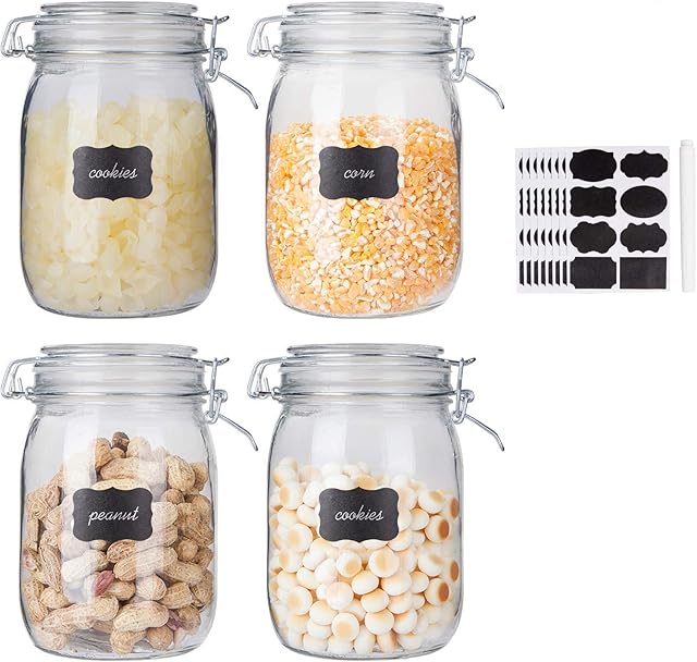 Glass Kitchen Storage Canister Mason Jars with Lids,32oz Airtight Glass Canister with Hinged Lid,Perfect for Kitchen Canning Cereal,Pasta,Sugar,Beans (Labels & Chalk Marker)-Set of 4
