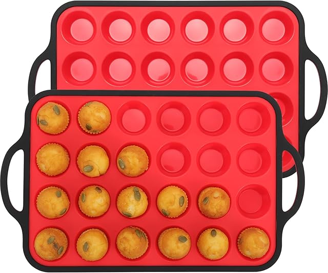 2 Pack Mini Muffin Pan Nonstick 24, Silicone Cupcake Pan Mini Cheesecake Pans Nonstick Muffin Tray for Baking, Small Cup Cake Silicone Mold, Food Grade Muffin Tin