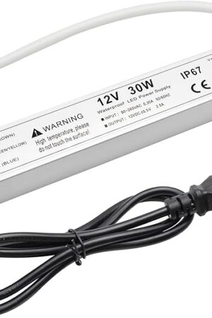 30W 12 Volt LED Power Supply, Waterproof IP67 LED Driver, 110V AC to 12V DC Converter, LED Transformer Low Voltage Output with 3-Prong Plug 3.3 Feet Cable for LED Light Strip, 2.5Amp