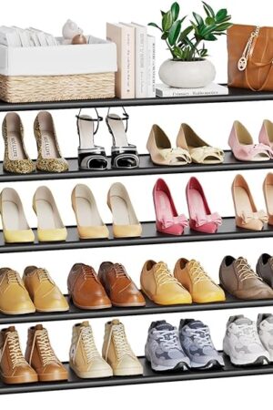 5 Tier Shoe Rack with Hook and Side Pocket,Shoe Organizer Space Saver Storage for 20-25 Pair Shoe Storage Shelf Sturdy Free Standing Long Shoe Rack Organizer for Closet,Entryway,Small Spaces