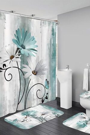 AZHM Rustic Farmhouse Shower Curtain Set 4pcs Farm Teal Daisy Floral Bathroom Decor Set with Shower Curtain and Rugs and Accessories