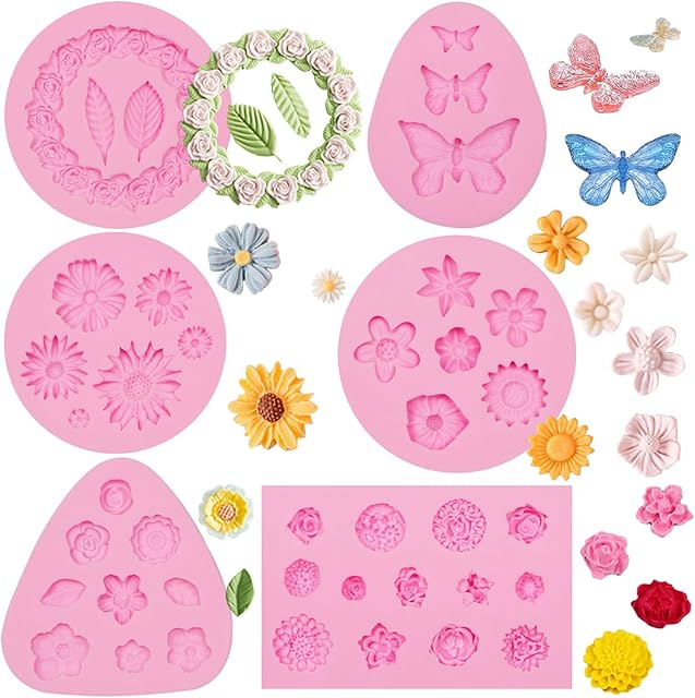 Butterfly Molds Silicone, 6 Pakcs Flowers Chocolate Molds for Cake Pops, Strawberries Baking Cupcakes Toppers Resin Clay