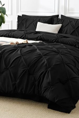 CozyLux Queen Comforter Set 7 Pieces Bed in A Bag Black Premium Comforters Queen Size Bed Set Pintuck Pinch Pleat Complete Bedding Sets with Comforter, Flat Sheet, Fitted Sheet and Pillowcases & Shams