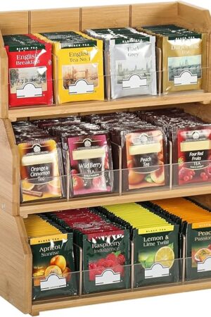 3 Layer Stackable Bamboo Tea Bag Organizer Storage Holder for Tea Bags Wood Tea Box Containers Tea Rack Teabag Station Stand for Cabinet Countertop Office(Patented Design)