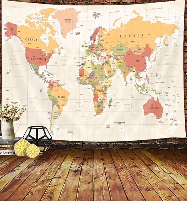 World Map Tapestry, Map of the World with Countries and Major Cities Map of the World for Wall for Kids Student, World Maps for Wall Tapestry, World Map of the World Wall Tapestry 60X40 Inch(Yellow)