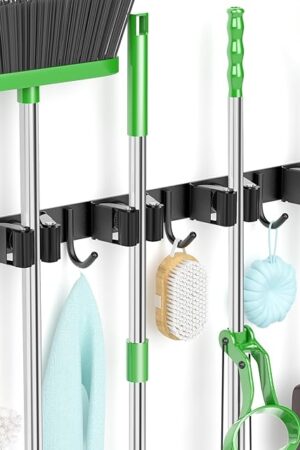 Batur Broom Holder Wall Mount, Upgraded Heavy Duty Mop and Broom Holder Wall Mount, Super Anti-Slip 4 Racks 5 Hooks Broom Hanger Organizer for Home Kitchen Garden Laundry Garage