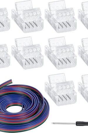 Zhengmy 10 Pack 4 Pin 10 mm Solderless LED Strip Light Connectors, Track Lighting Connectors for Waterproof RGB LED Strip Lights 16.4 ft Conductor Extension Cable with Screwdriver(4 Pin)